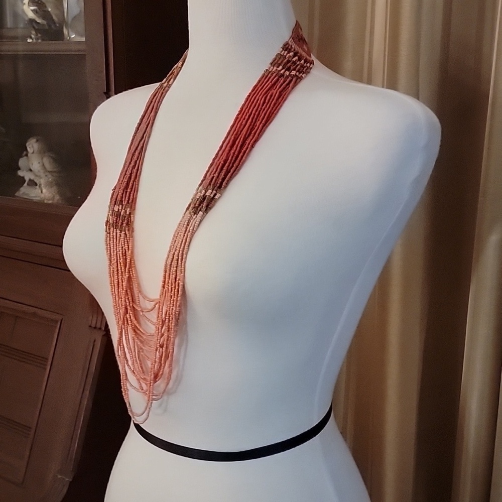 Beaded Multistrand Necklace Red and Orange - Picture 4 of 7